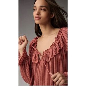 Anthropologie Pink Ruffled Open Knit Sheer Peasant Top Size M Oversized